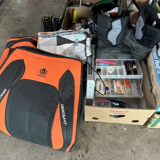 Two boxes car seat covers, craft hobby container, DVD player, blankets and boots
