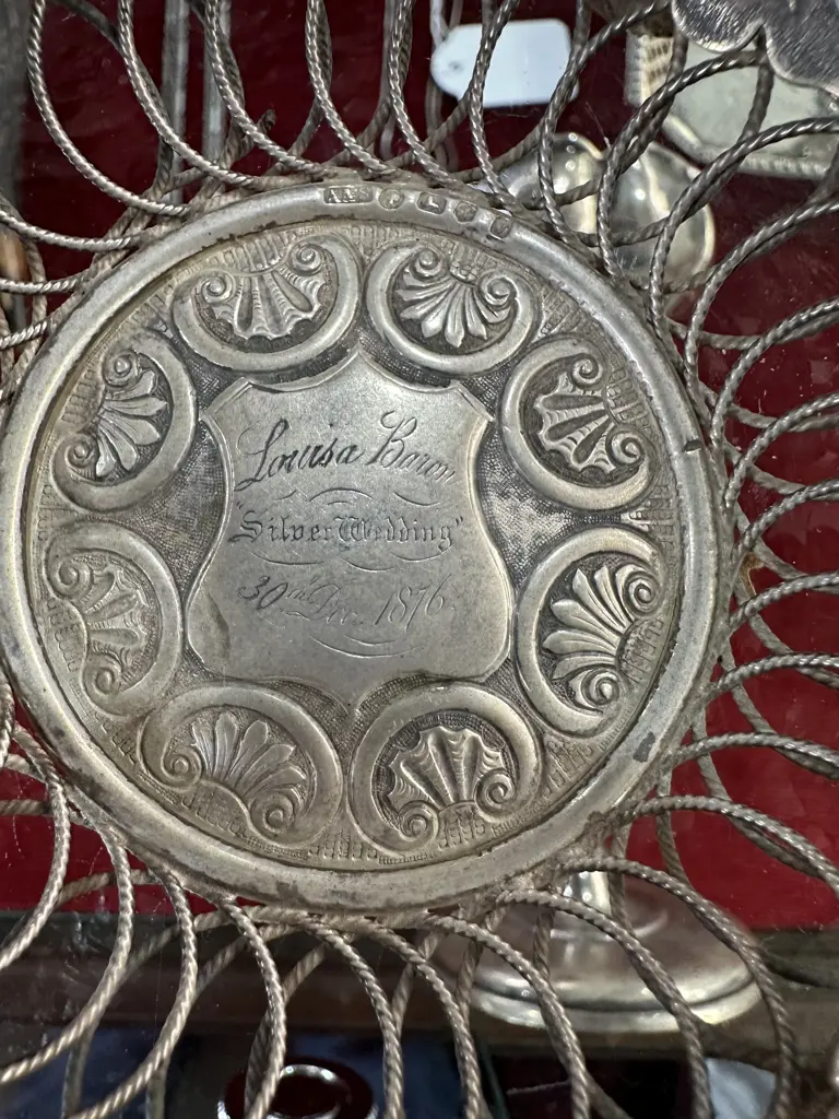 Sterling silver decorative dish with handle 111g Inscribed Louisa Baron "Silver wedding" 1876 Image 1++