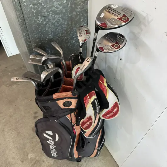 TaylorMade golf bag & drivers,  plus Spalding irons (left handed)