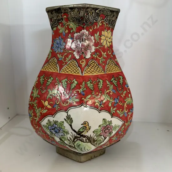 large Persian vase, earthenware with tin overlay decoration 30cm