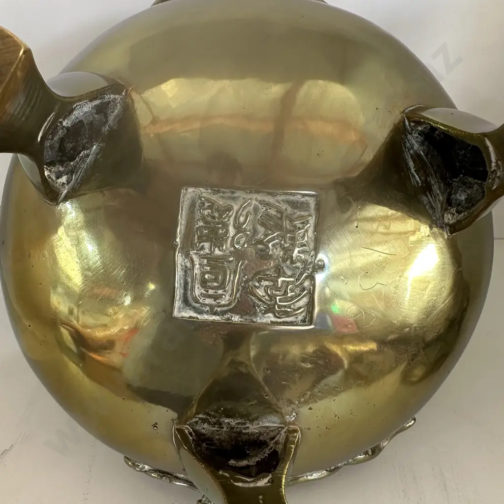 large solid Brass Chinese incense burner, early stamped piece 38cm Image 1++