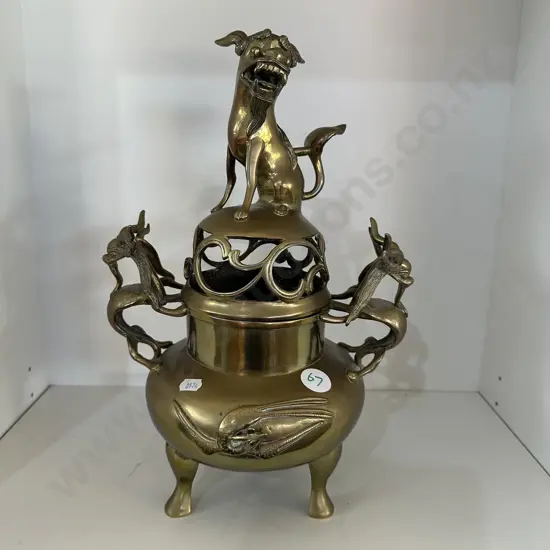 large solid Brass Chinese incense burner, early stamped piece 38cm
