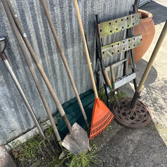 racks, netting, shovel, tools, work bench etc