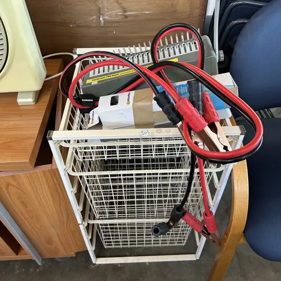 jumper leads, wire rack, ring binder