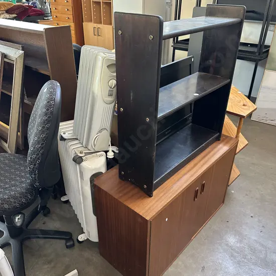 bookshelf, cabinet and 2 heaters