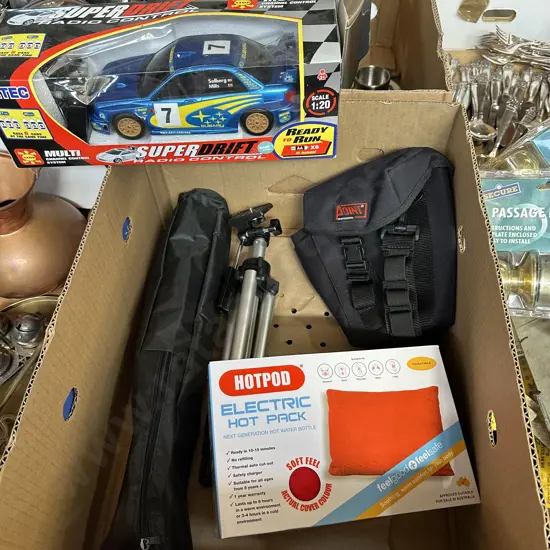radio control car, hotpod, tripods and camera bag