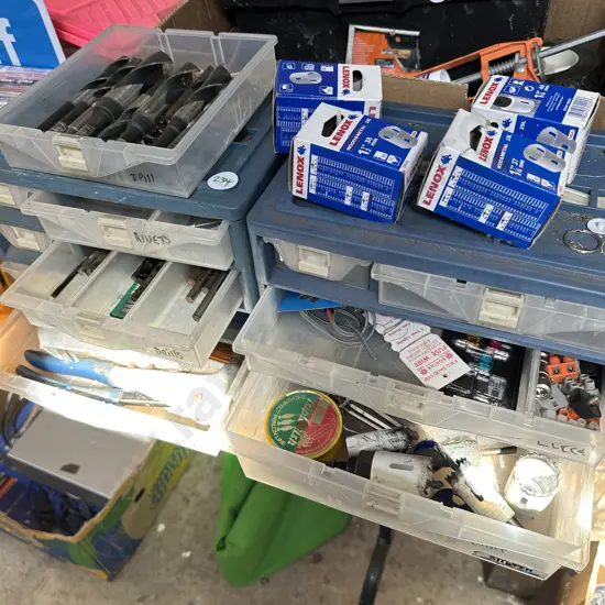 2 parts drawers, new hole saws, HD drill bits, rivet gun etc