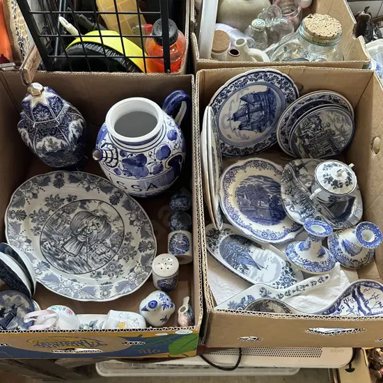 2 boxes blue & white Delft, Spode, Italian Melisa pot etc