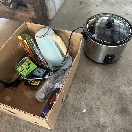 slow cooker, jug, bike repair stuff