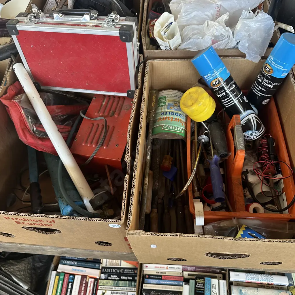 2 boxes jumper leads, charger, grease gun, tools etc Image 1++
