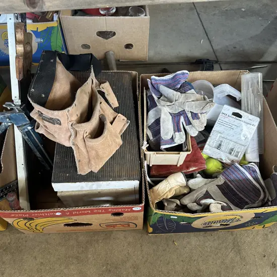 2 boxes new gloves, builders belt, tools etc