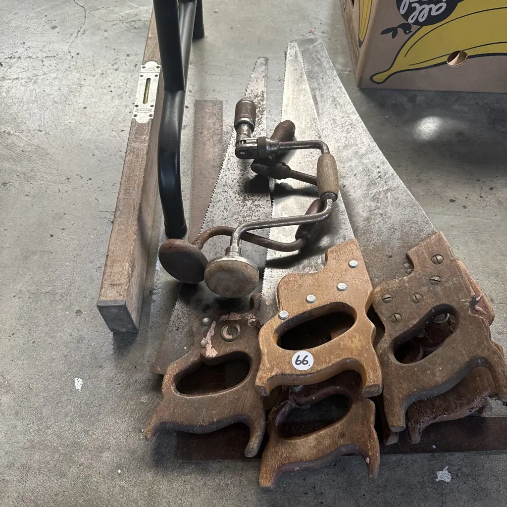vintage saws, drills and level Image 1++