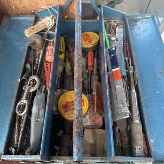 tool box, tools and plumb bob etc