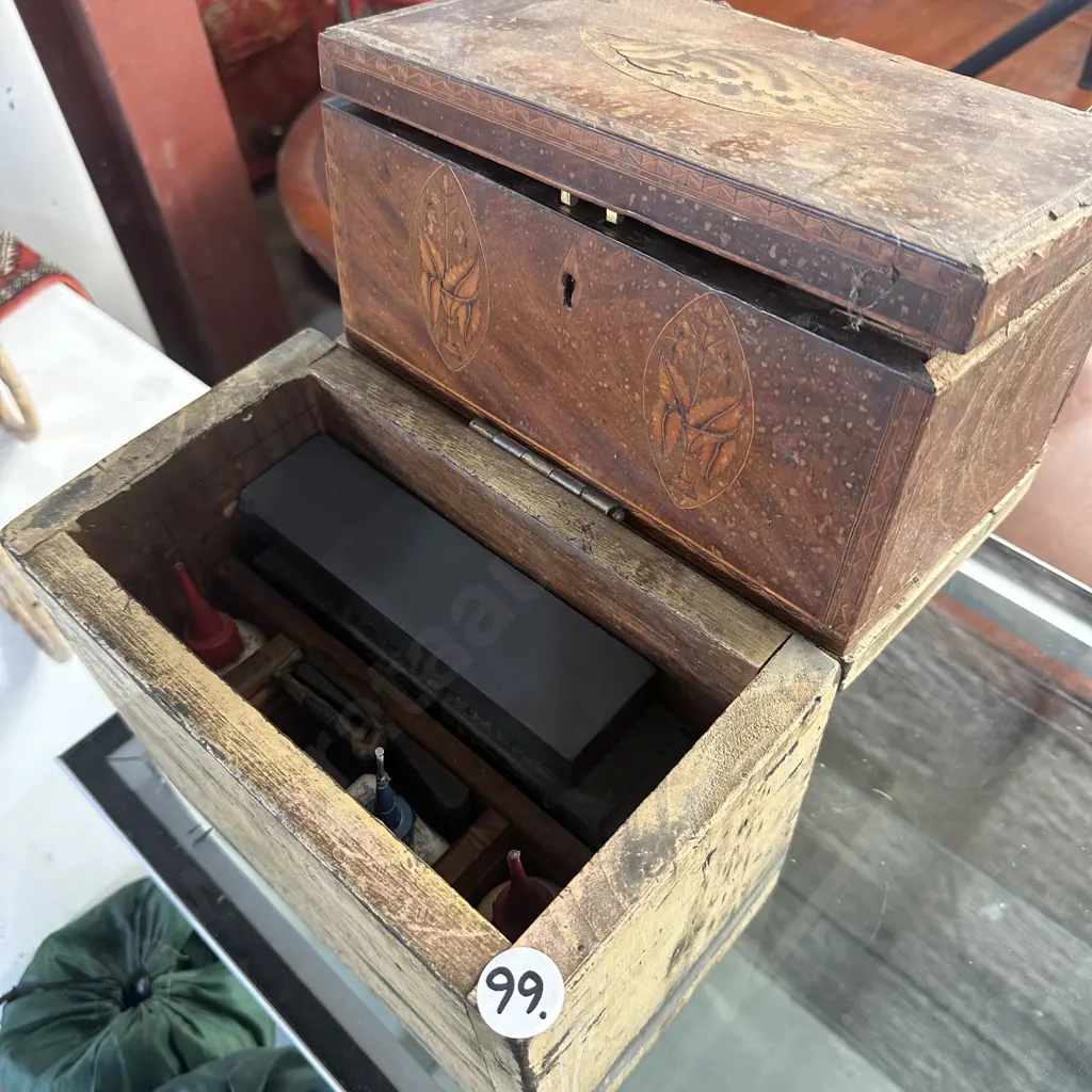 boxed set of shapning stones & oils plus other antique box Image 1++