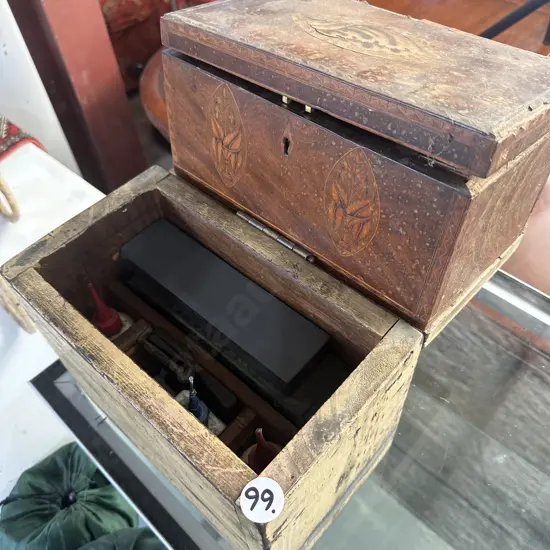 boxed set of shapning stones & oils plus other antique box