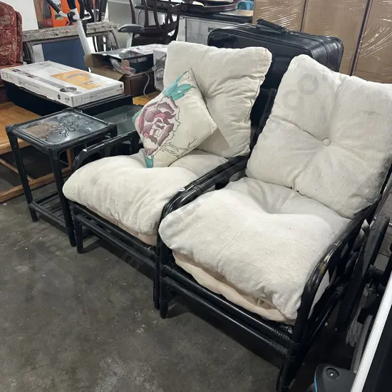 Cane patio chairs with side table