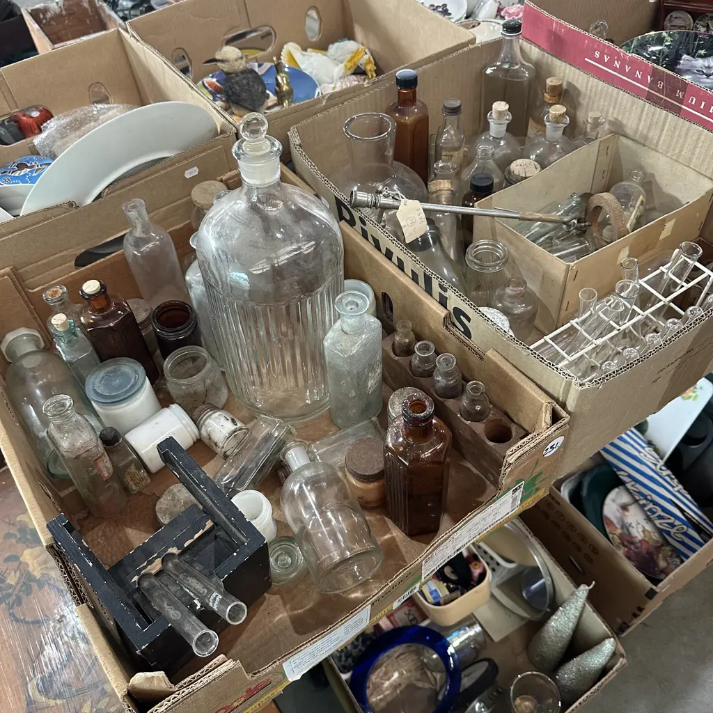 Two boxes of bottles and test tubes etc. Image 1++