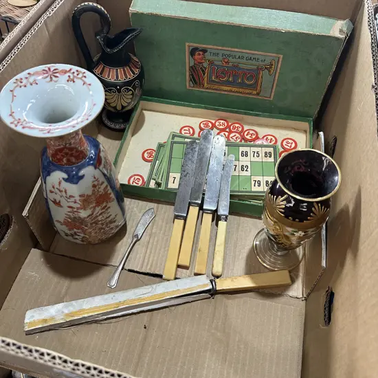 Vintage Lotto, jug, vases, and knives.