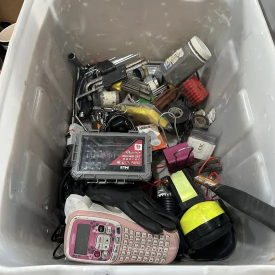 Lidded bin with hardware, headlamp, hex shank bits and allen keys etc.