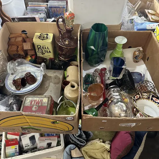 Two boxes metal box, china, art glass, hair clipper set etc.