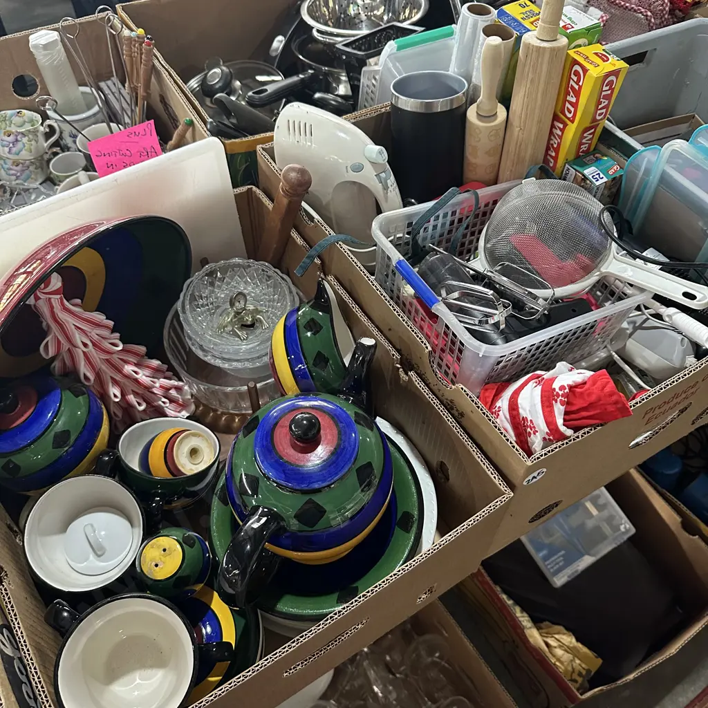 Two boxes dinnerware, electric mixer, glad wrap etc. Image 1++