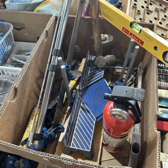 Box lot of tools, laser level and extinguisher etc.