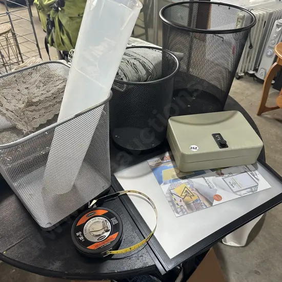 Duraframe, lockable key box, tape measure and measuring jug etc.