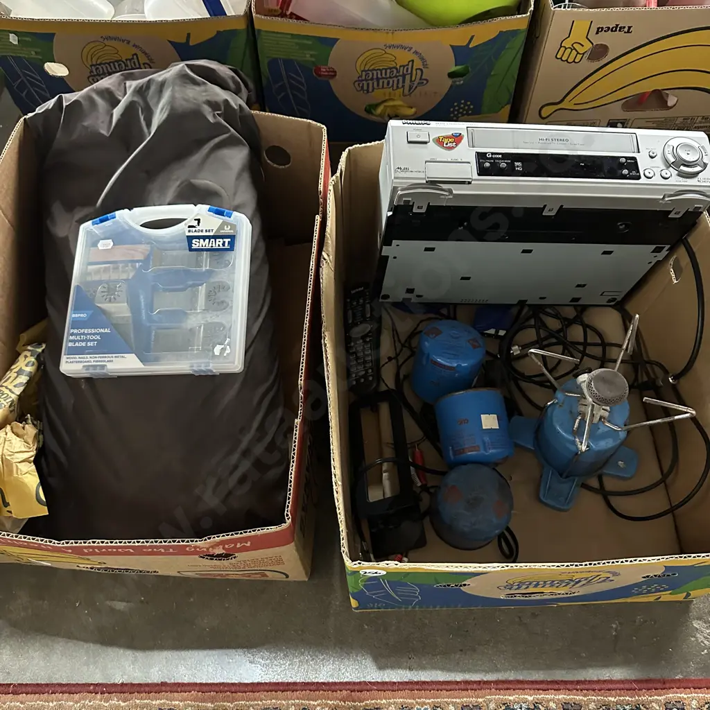 Two boxes camping, VCR player plus boxed multi-tool blade set. Image 1++
