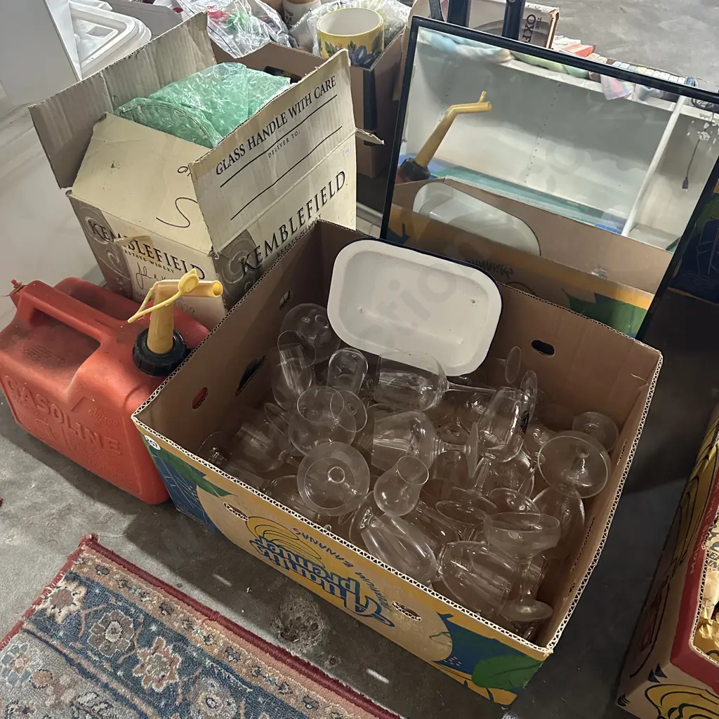 Box of glassware, Jerry can, mirror, enamelware etc. Image 1++
