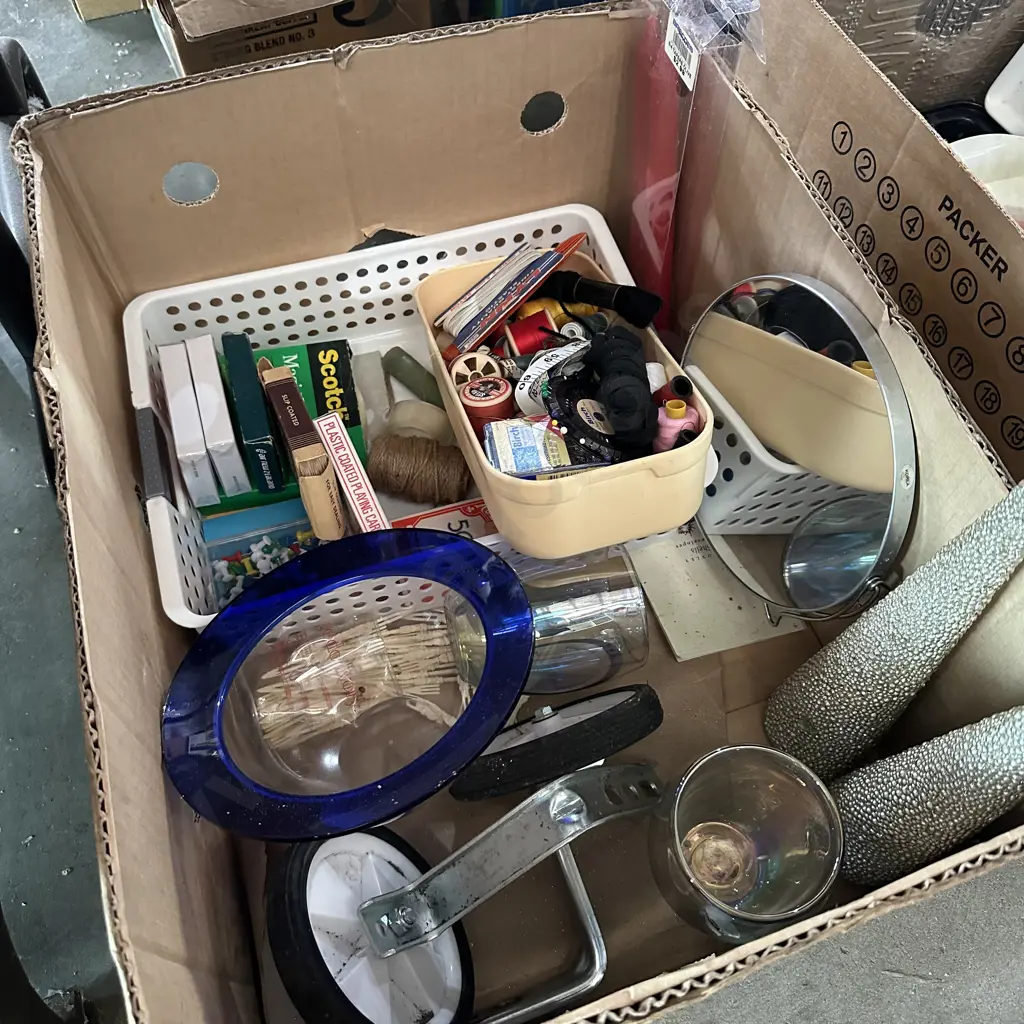 Box lot including sewing, cards, shaving mirror etc. Image 1++