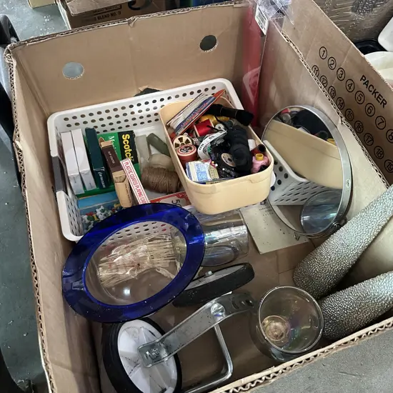 Box lot including sewing, cards, shaving mirror etc.