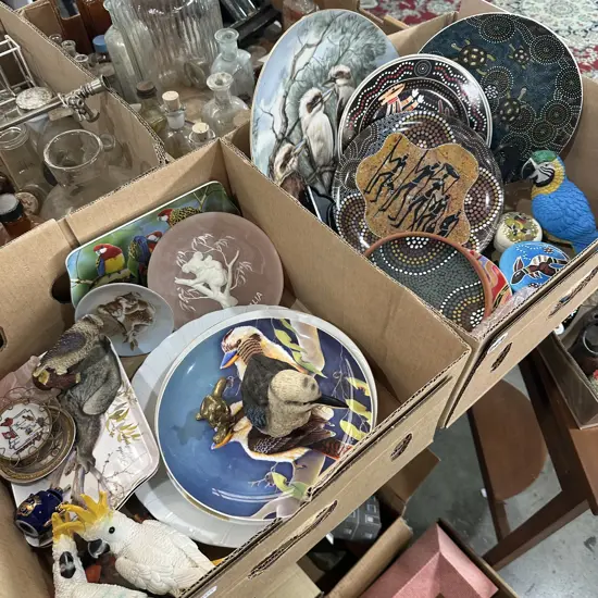 Two boxes display plates, birds and solid brass kangaroo etc.