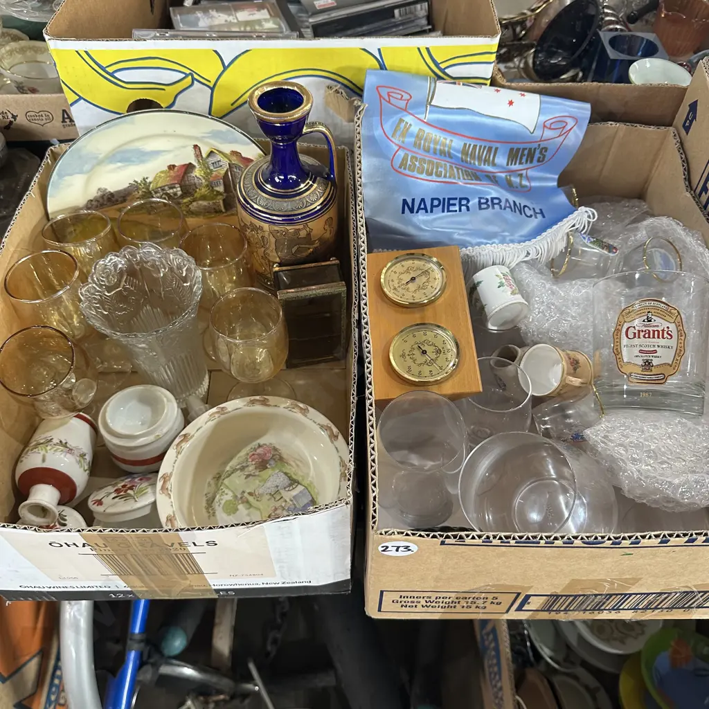 Two boxes glassware, Royal Doulton plate and Bunnykins bowl etc. Image 1++