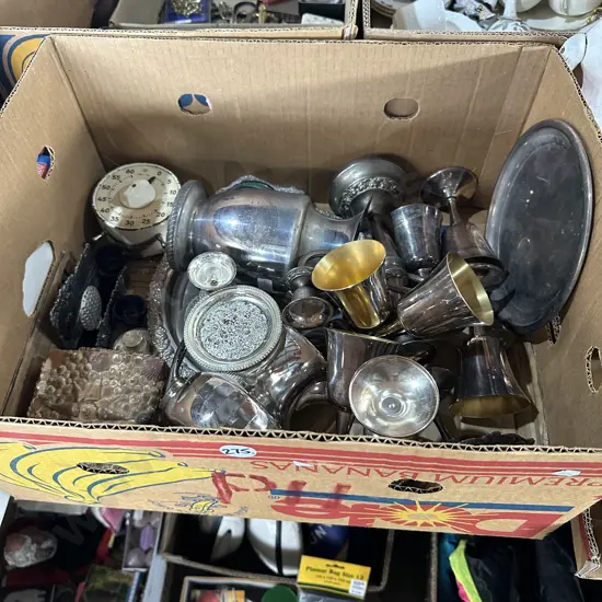 Box of silverware and vintage timer etc.