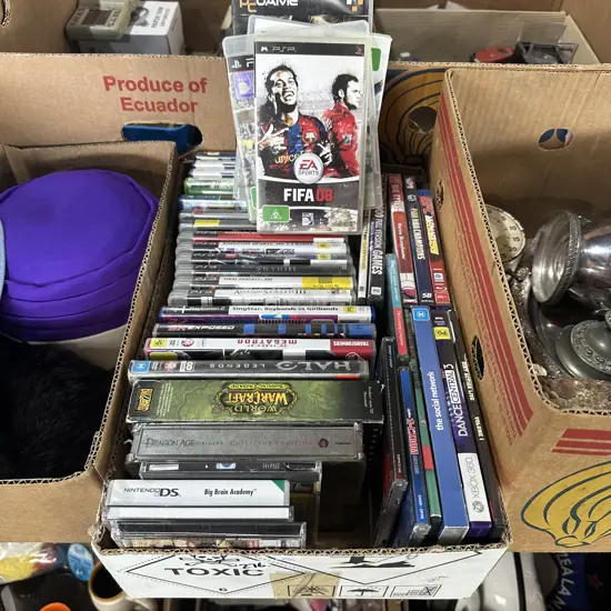 Box of CDs, DVDs, playstation and XBox games etc.