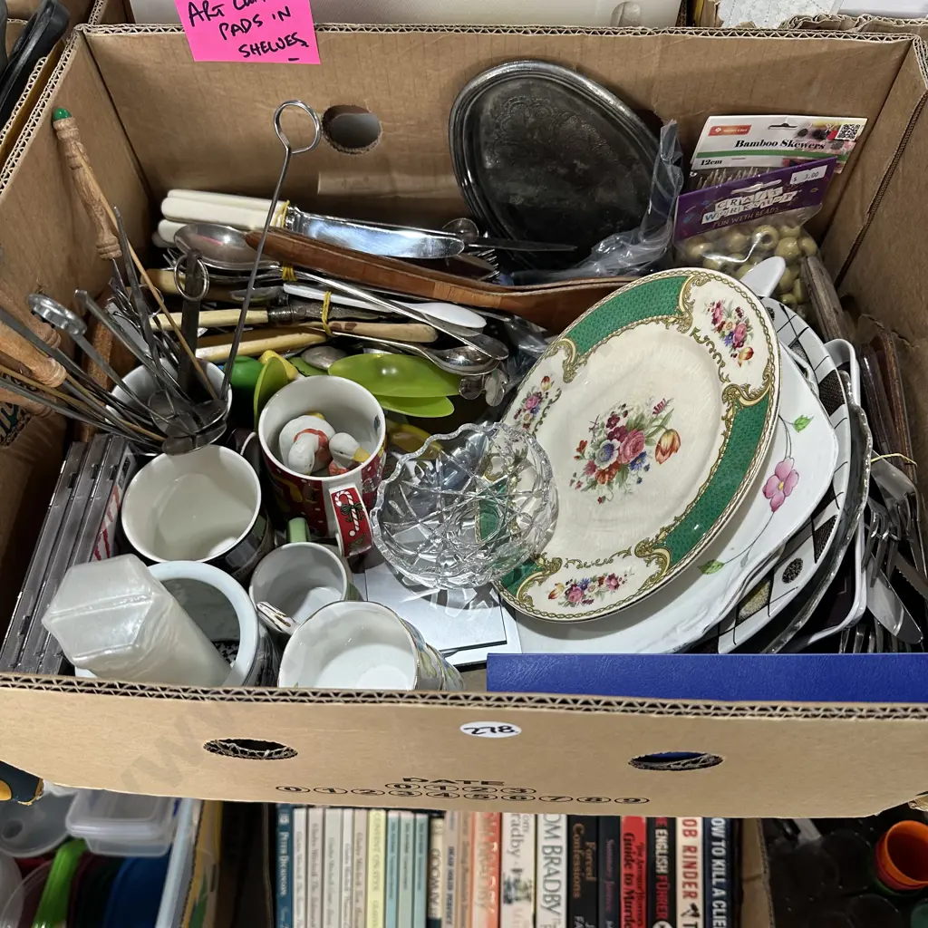 Box lot of english plates, cutlery plus art cutting pads etc. Image 1++