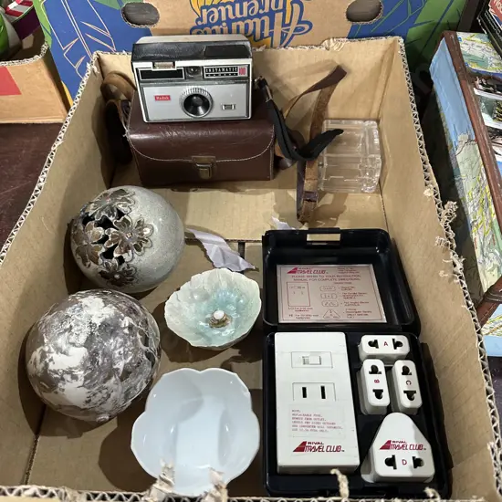 Vintage Kodak camera and case, china, pottery and plug adapters etc.