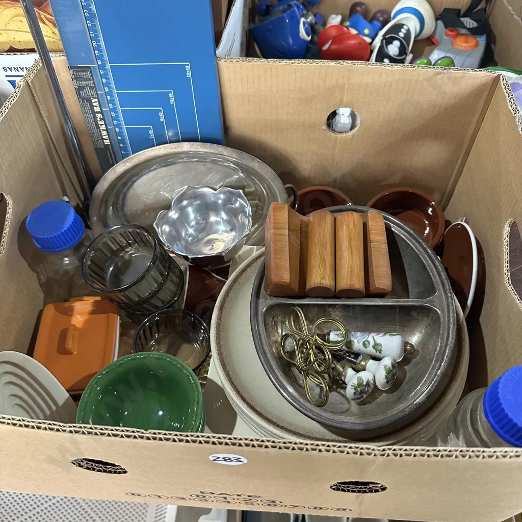 Box of silverware, dinnerware including arcopal ramekins etc. Image 1++