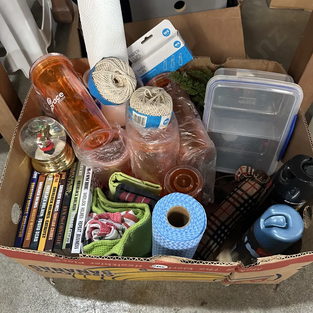 Box of Sistema, new string and Chux cloth, fly spray, umbrella etc. Image 1++