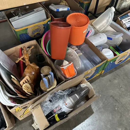 Three boxes of pantry containers, knife block, plus handy vac etc.