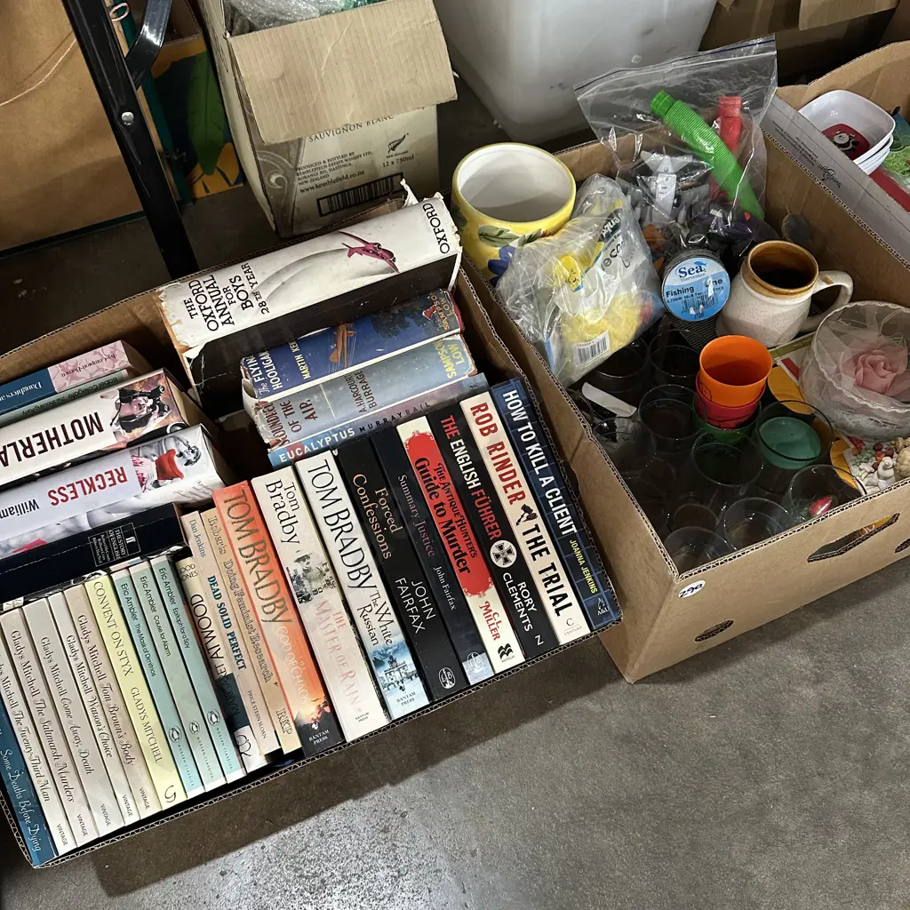 Two boxes books, new fishing line, decorative gravel etc. Image 1++