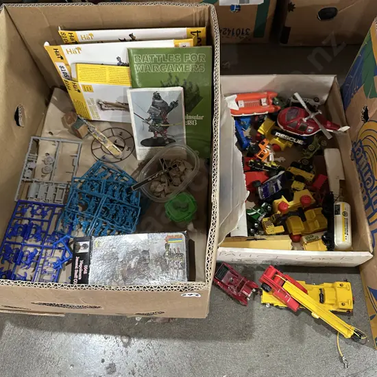 Two boxes of plastic war models plus model cars, trucks, helicopter etc.