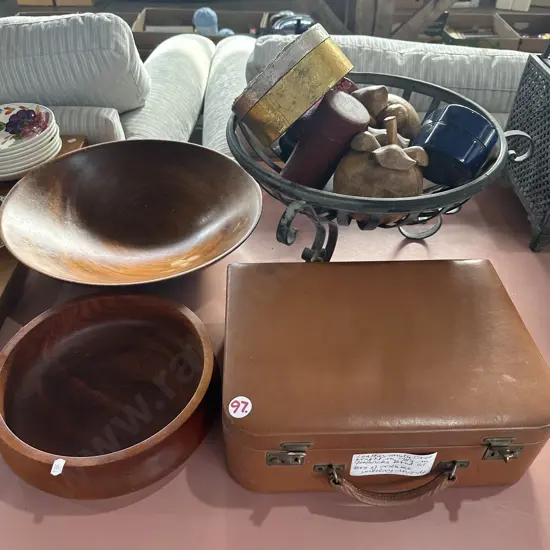 wooden and metal bowls, vintage vanity case etc