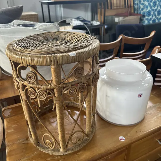 glass vase and cane stool