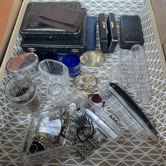 Box lot with spoon cases, coins, watches and costume jewellery etc.