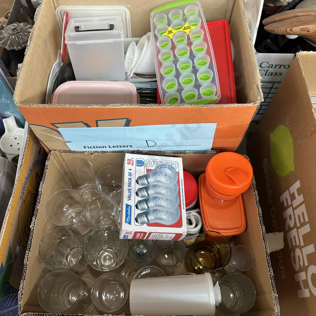 Two boxes kitchenware and spare light bulbs etc. Image 1++