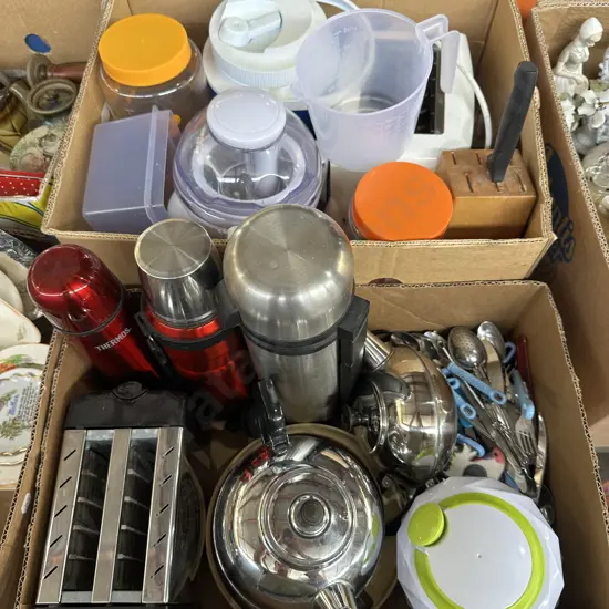 Two boxes of kitchenware and thermoses etc.