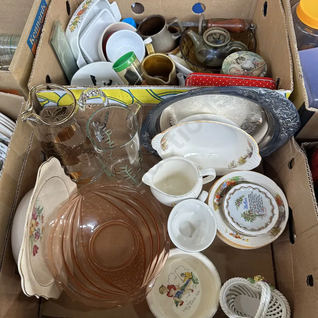 Two boxes silverware, pottery, water jugs etc. Image 1++