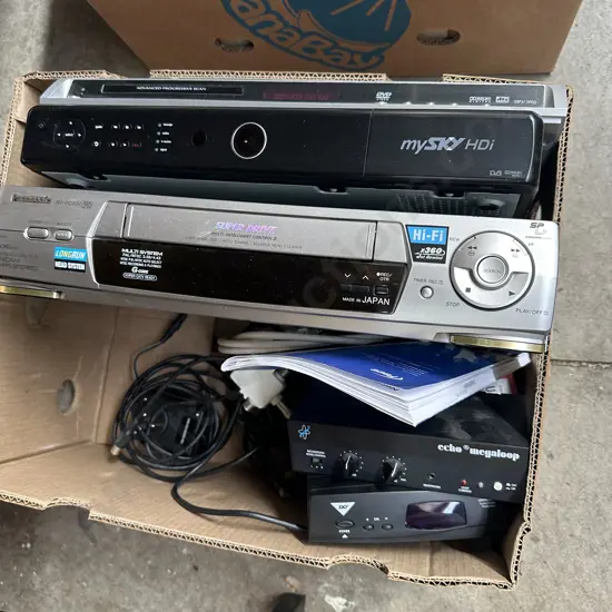 Box of VCR, DVD, megaloop, leads etc.