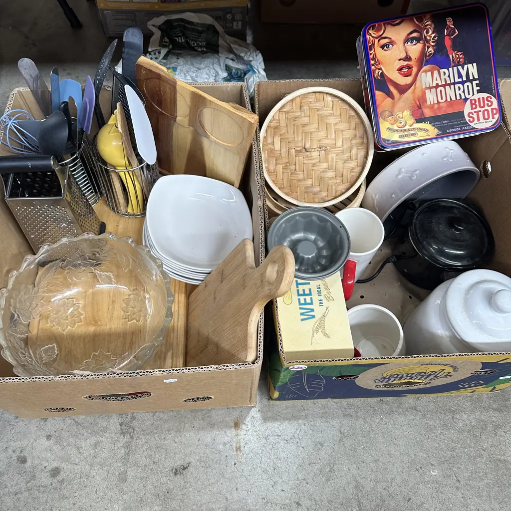 Two boxes breadboards, chocolate Melter, utensils etc. Image 1++
